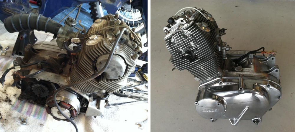 Engine before &amp;amp; after. No silver paint here. The cylinder and head were vapor honed, and the cases were polished.